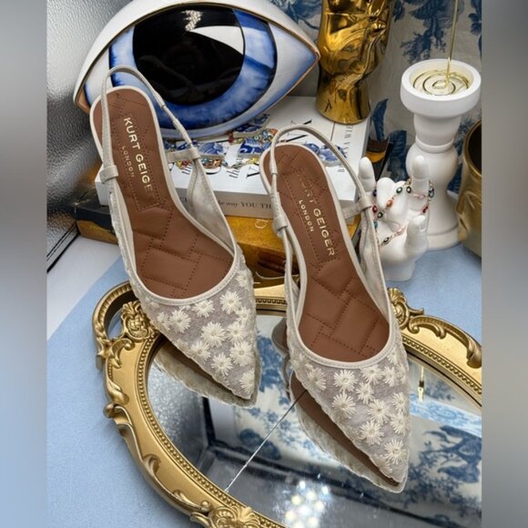 🆕 KURT GEIGER LONDON 🧿 NWOB Belgravia Floral Mesh Sling Back Heel, Cream Sz 7 - Picture 3 of 15